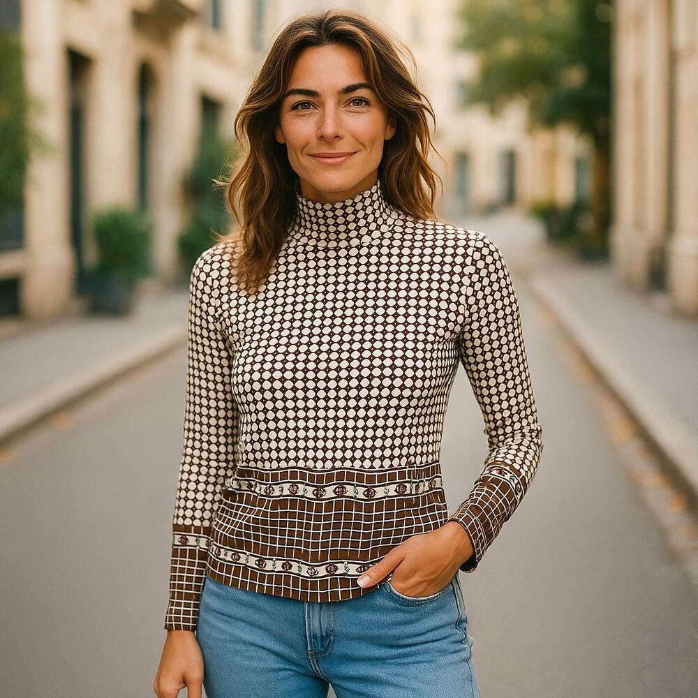 Tory Burch Brown Tan Dot Stretch Knit Back Zip Knit Top Small